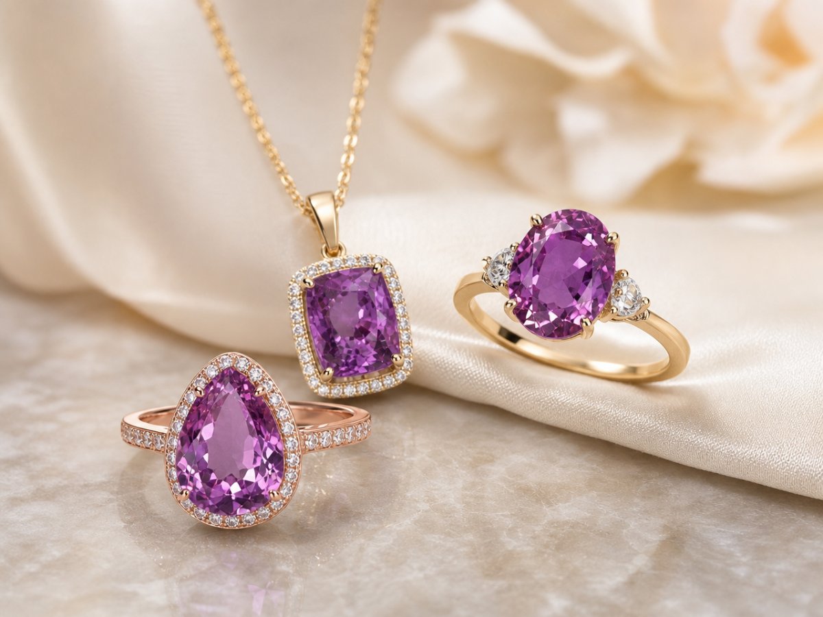 Gemas de zafiro púrpura mostradas en joyería