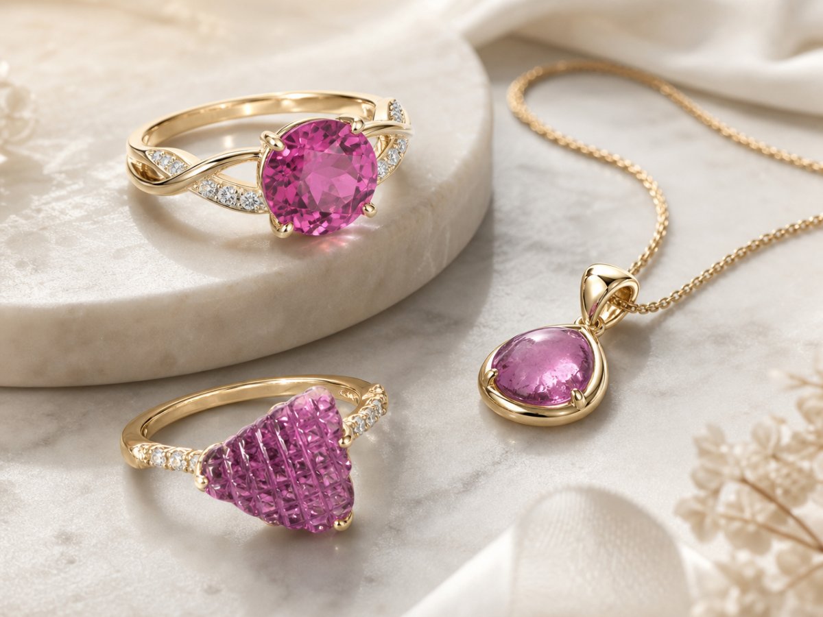 Gemas de turmalina púrpura mostradas en joyería