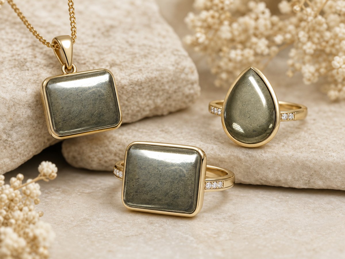 Gemas de pirita mostradas en joyería
