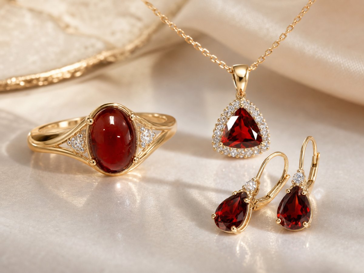 Gemas de granate piropo mostradas en joyería