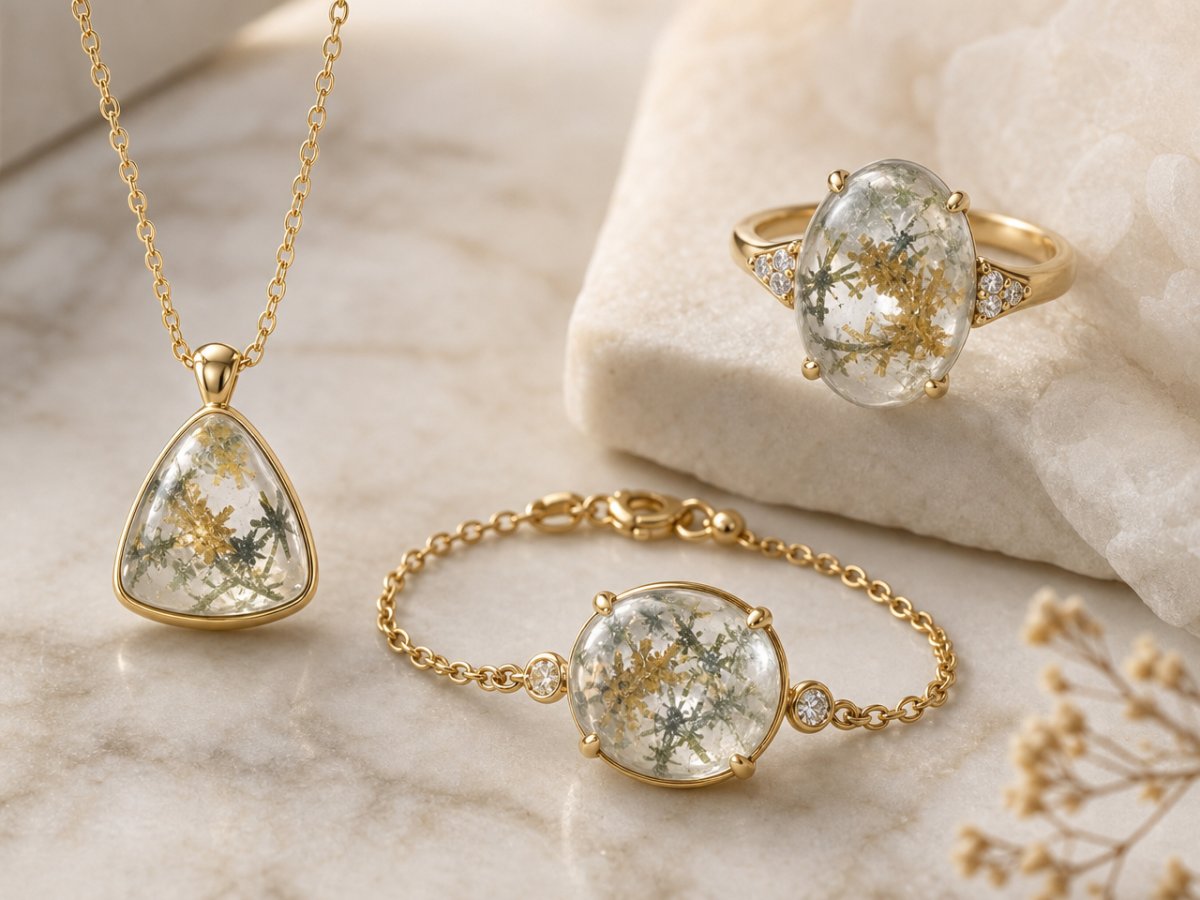 Cuarzo con gemas de hedenbergita mostrado en joyería