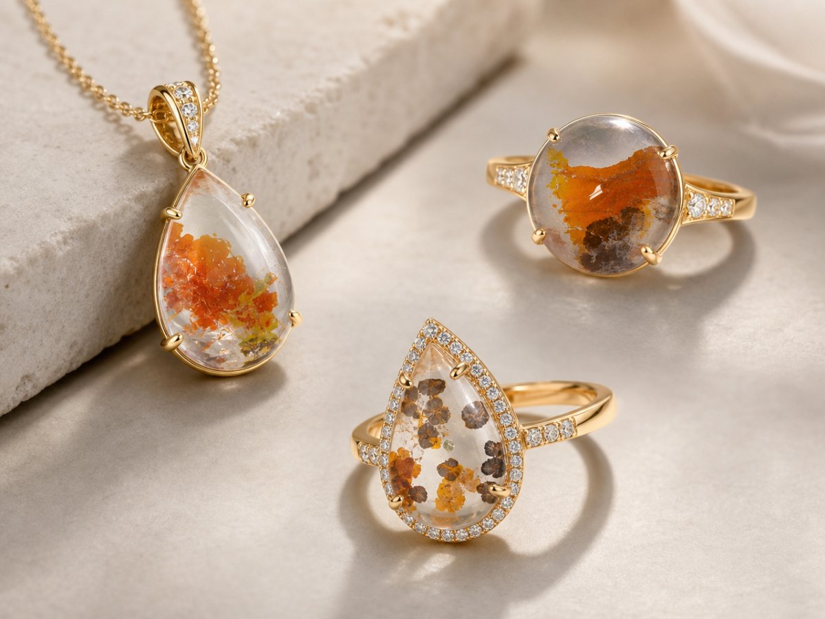 Piedras preciosas de cuarzo con marcasita, mostradas en joyería.
