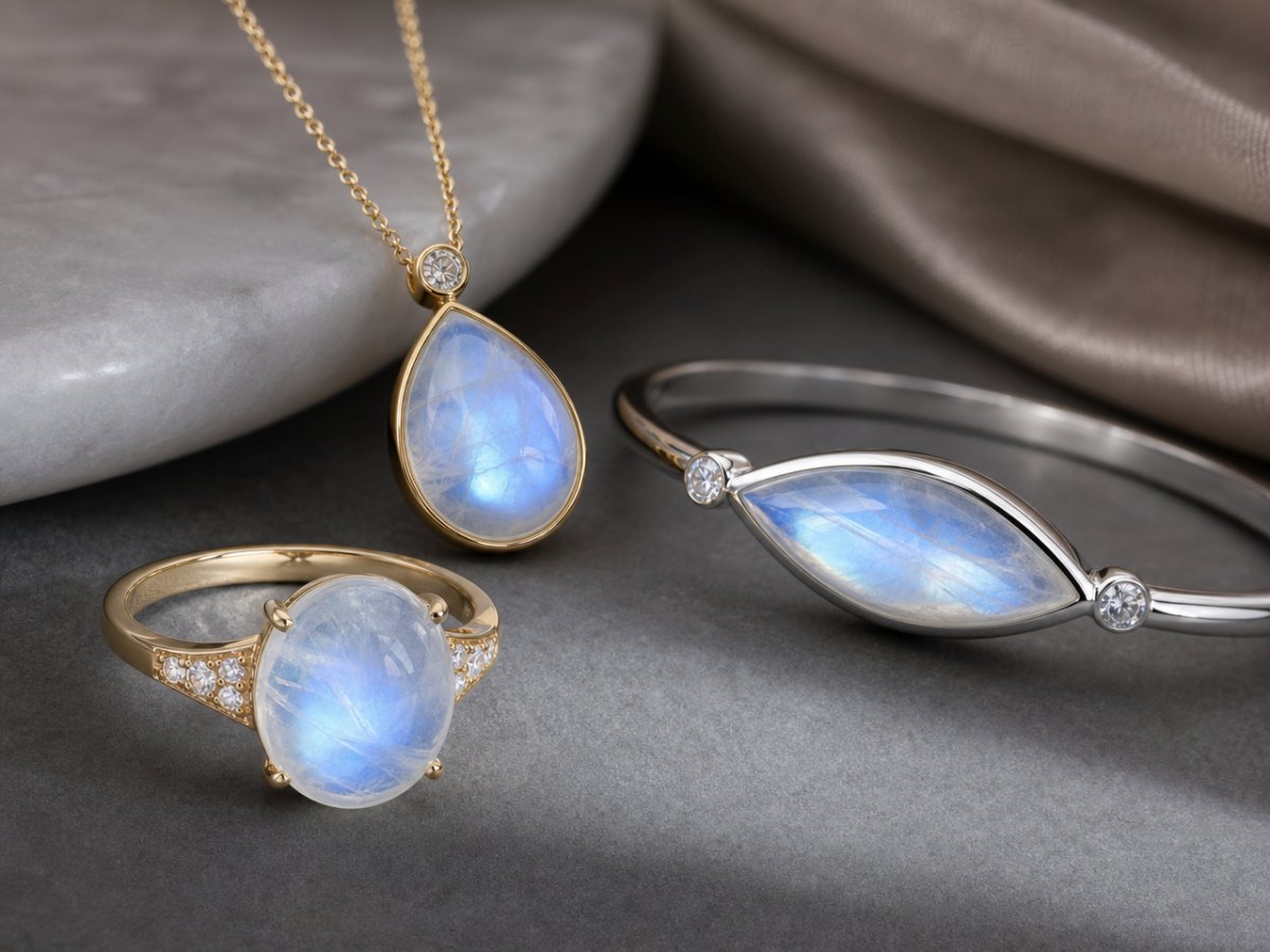 Gemas de piedra lunar arcoíris mostradas en joyería