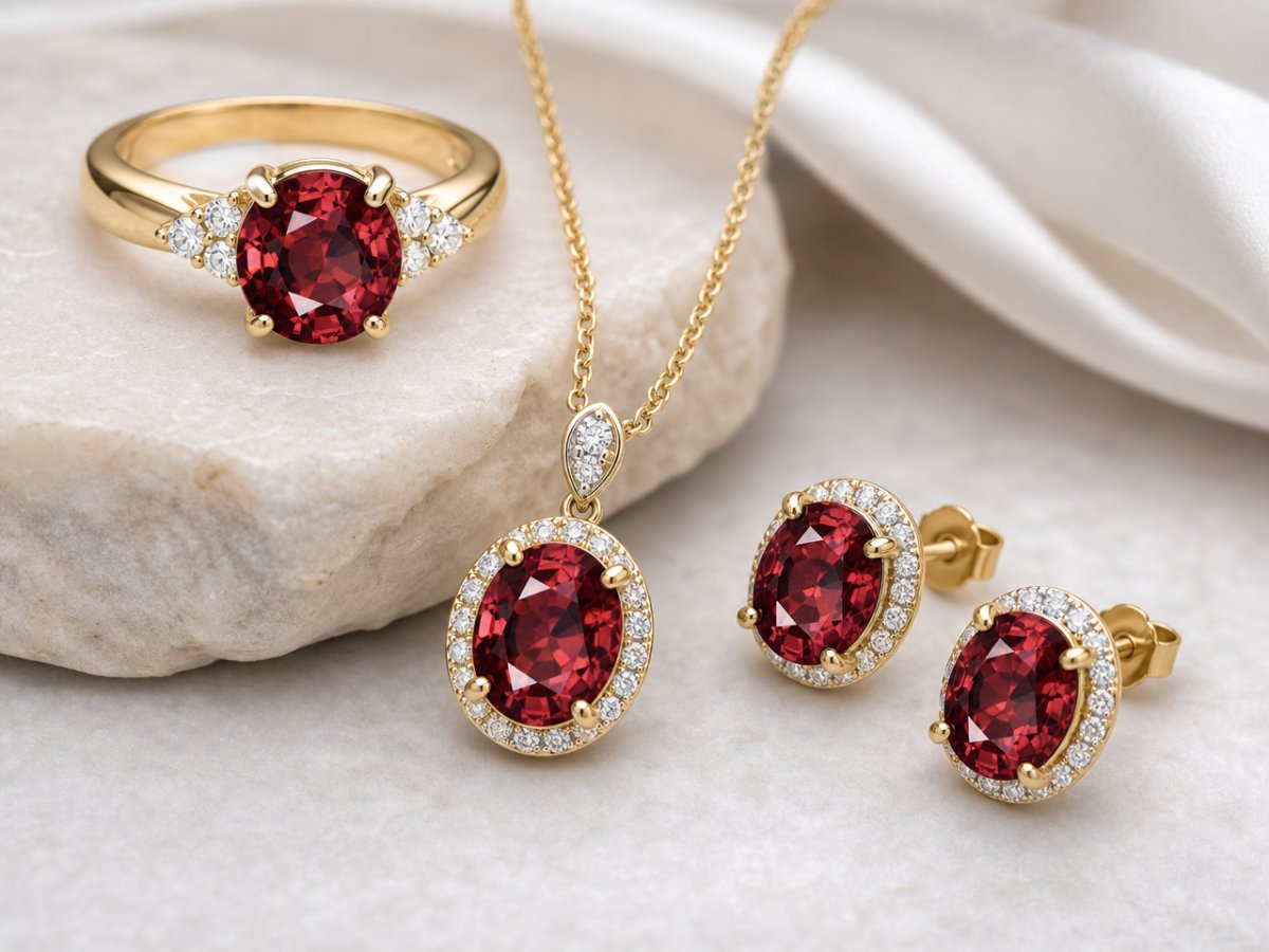 Gemas de circonita roja mostradas en joyería