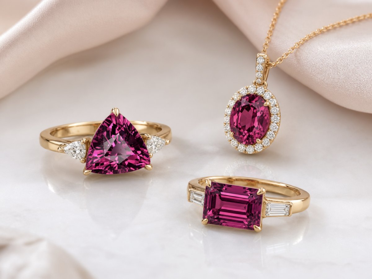 Gemas de granate rodolita mostradas en joyería