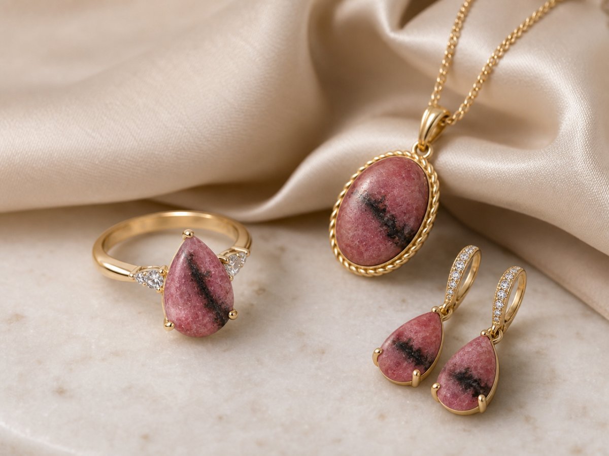Gemas de rodonita mostradas en joyería
