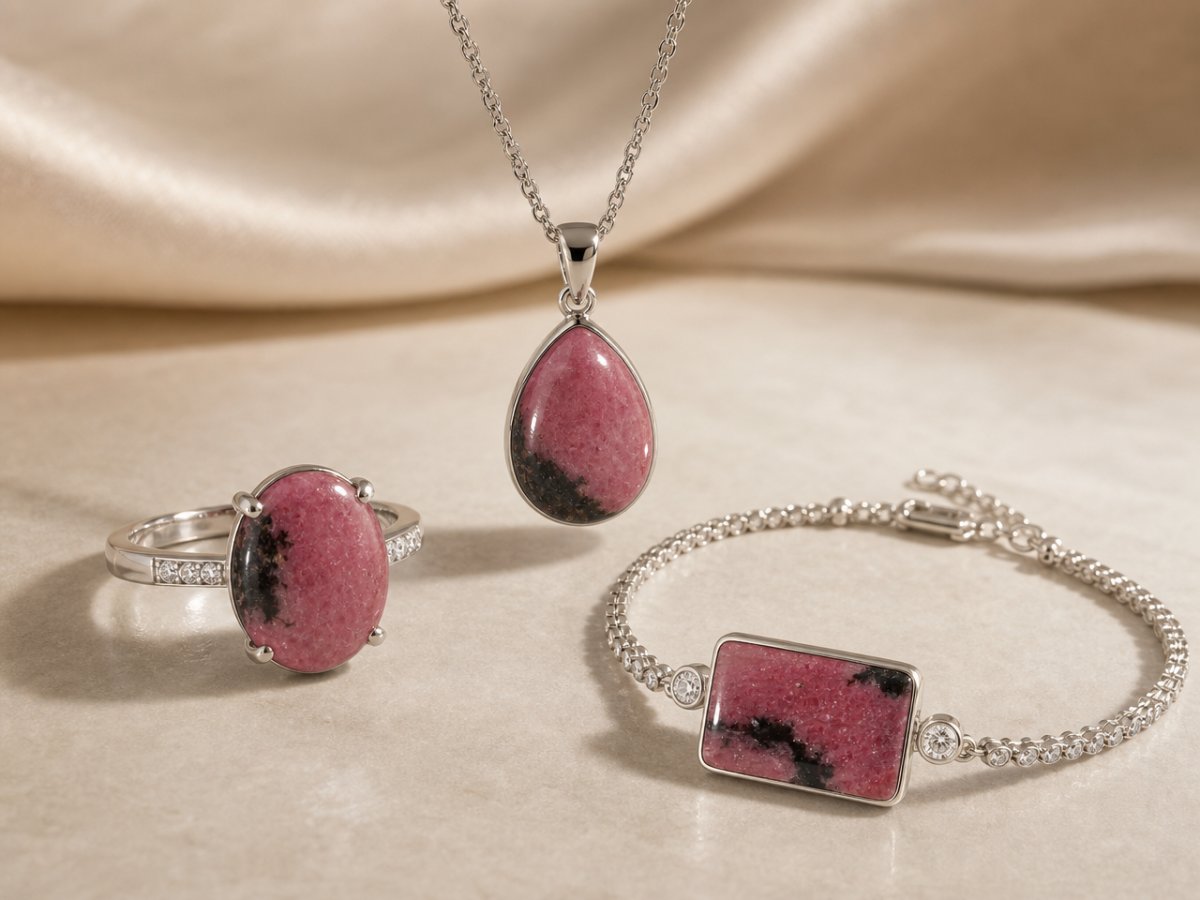 Gemas de rodonita mostradas en joyería