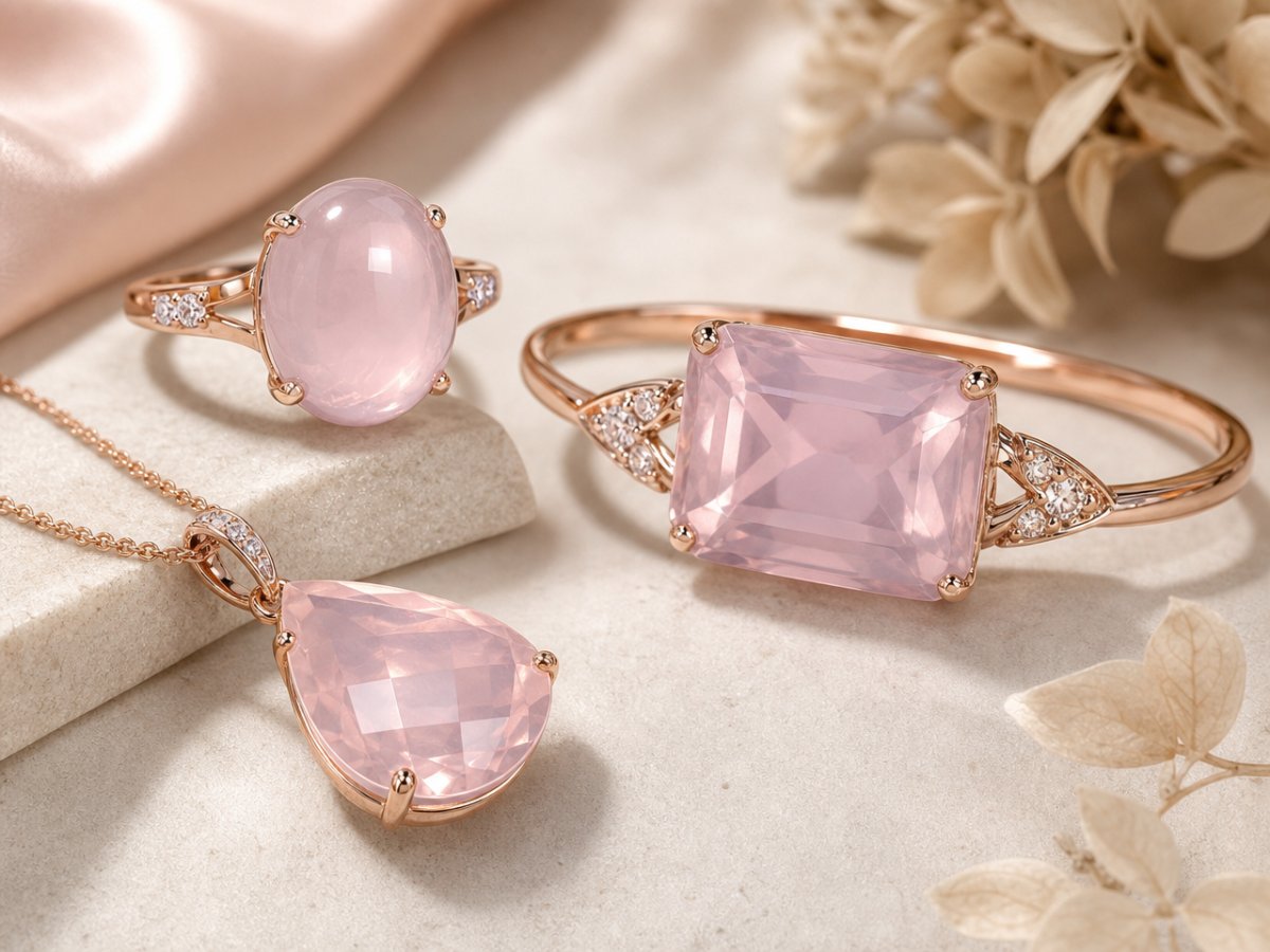 Gemas de cuarzo rosa mostradas en joyería
