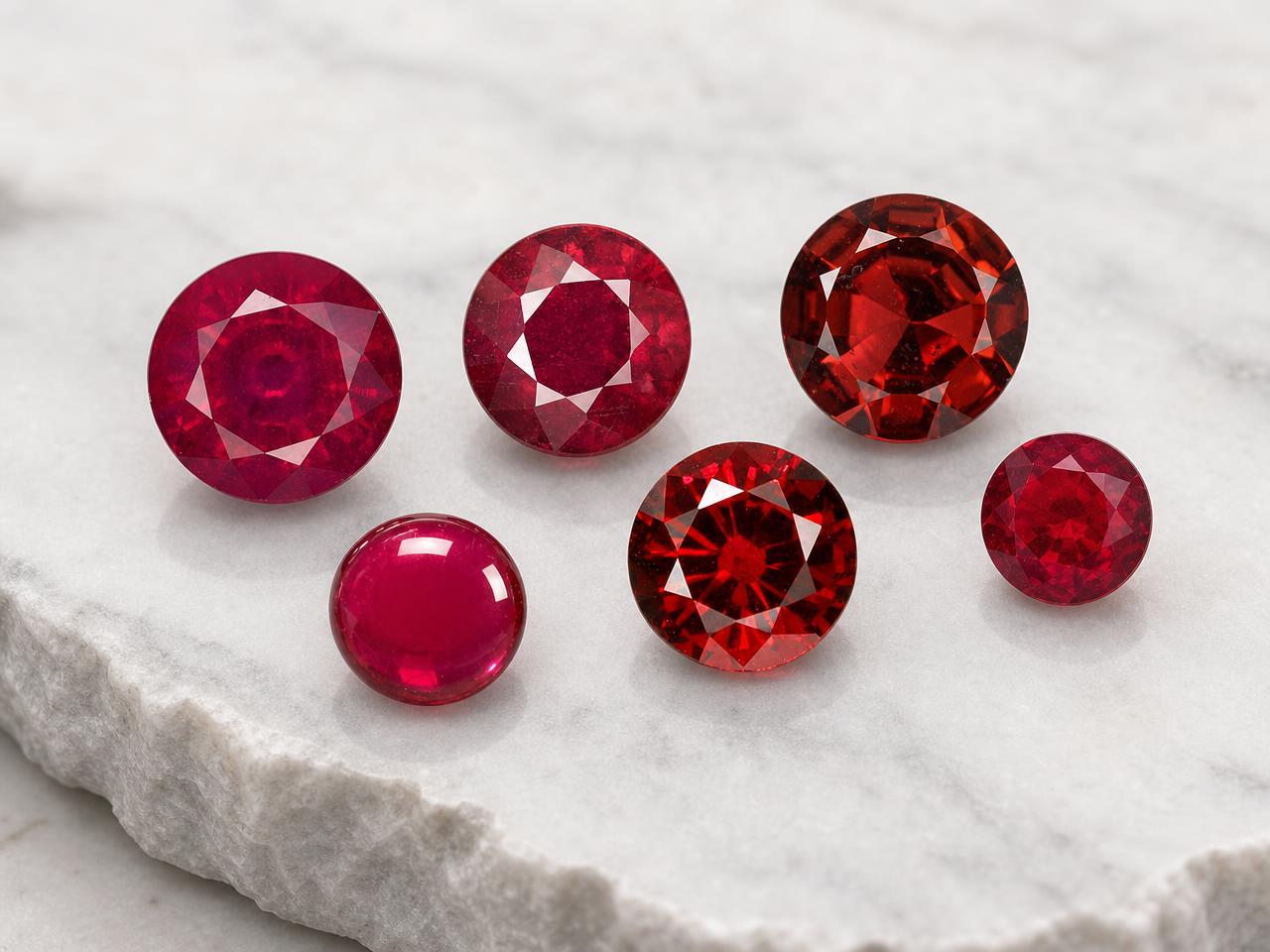 Gemas rojas redondas sueltas en diversos tonos de rojo.