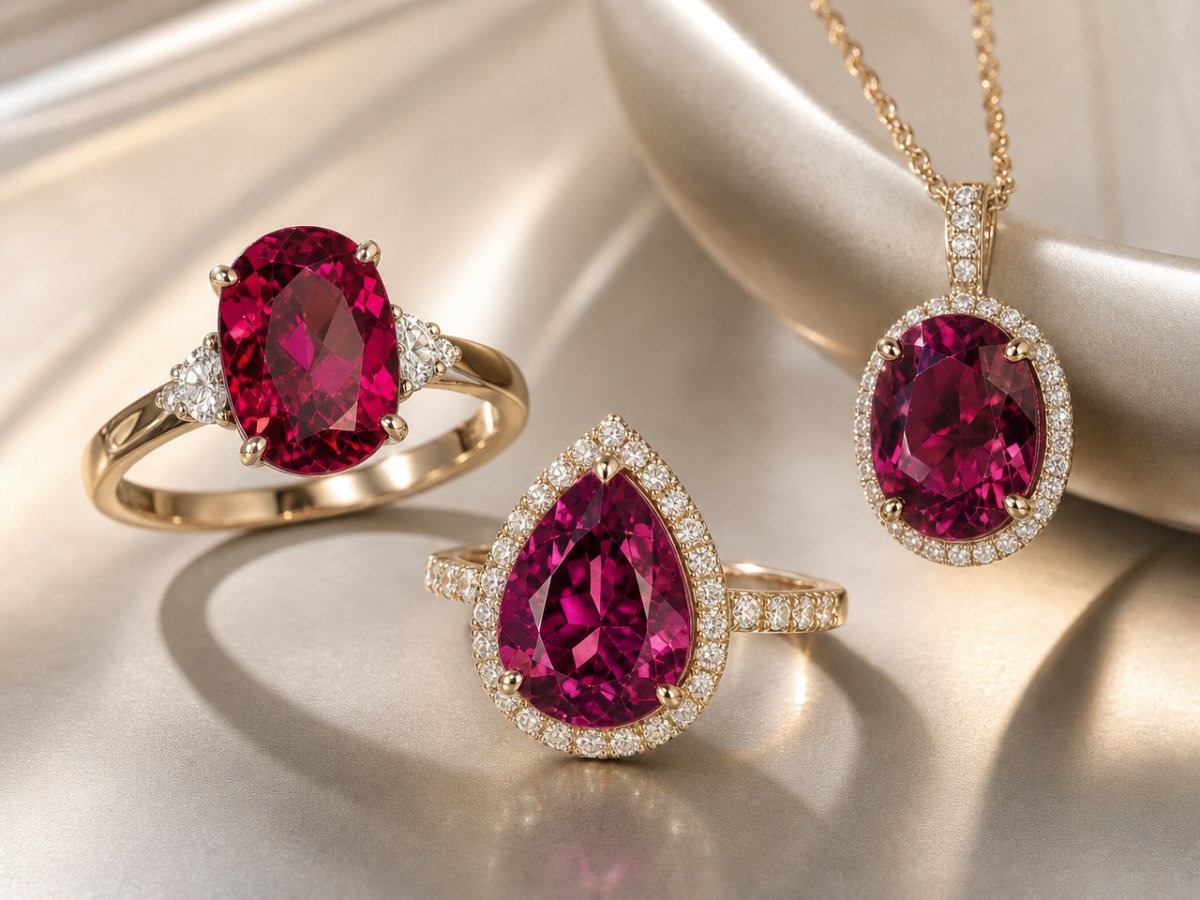 Gemas de turmalina rubelita mostradas en joyería