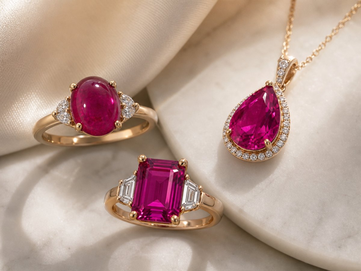 Gemas de turmalina rubelita mostradas en joyería