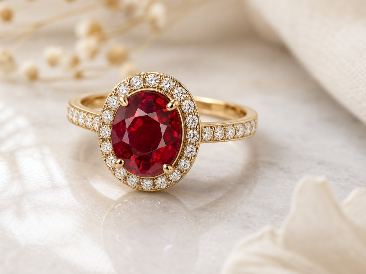 Gemas de rubí mostradas en joyería