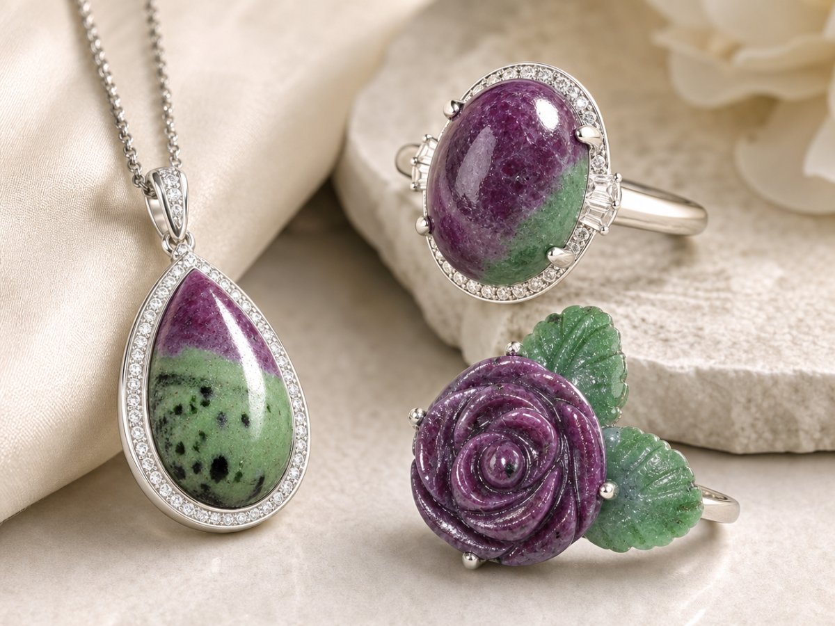Gemas de rubí-zoisita mostradas en joyería