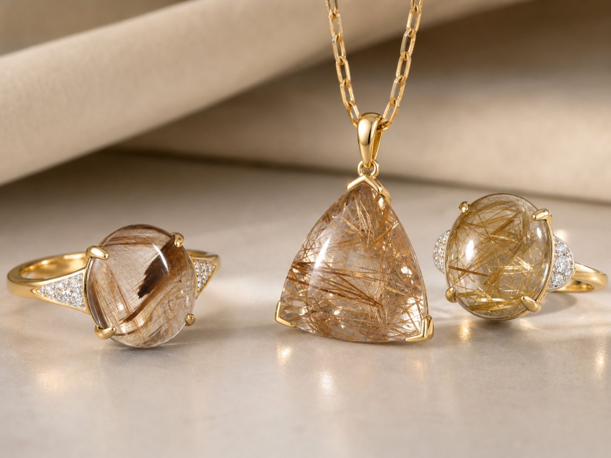 Gemas de cuarzo rutilo mostradas en joyería