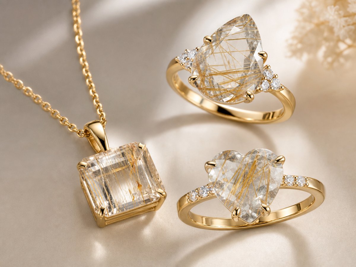 Gemas de rutilo y topacio mostradas en joyería