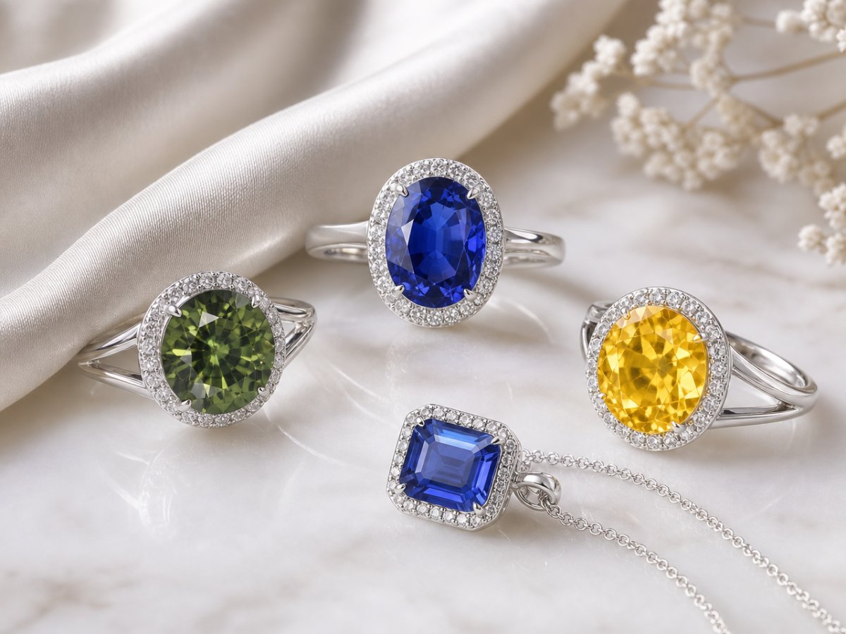 Gemas de zafiro mostradas en joyería