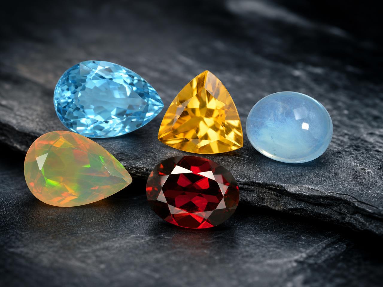Piedras de nacimiento naturales sueltas para Escorpio, incluyendo topacio, citrino y ópalo.