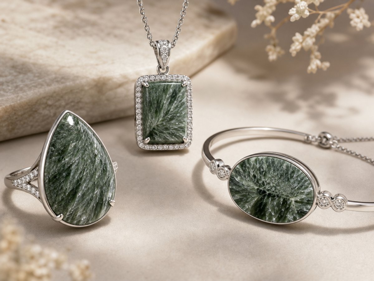 Gemas de serafinita mostradas en joyería