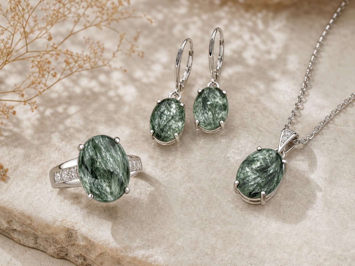 Gemas de serafinita mostradas en joyería