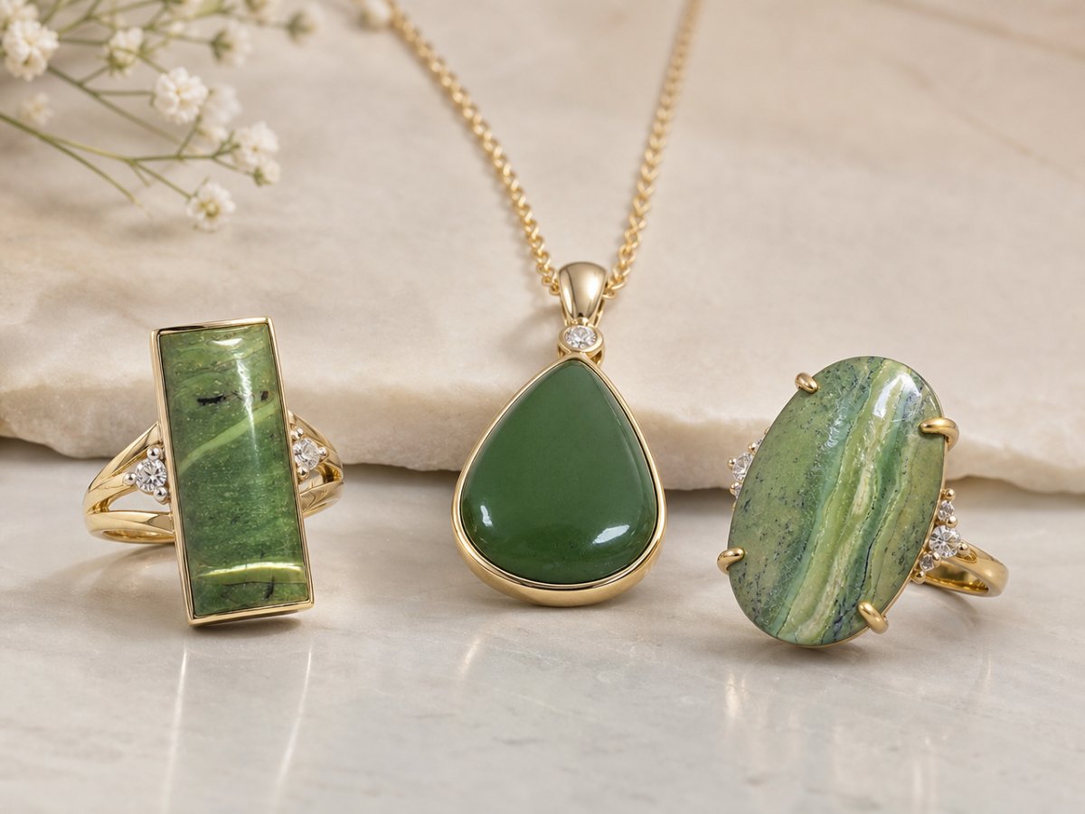 Gemas de serpentina mostradas en joyería