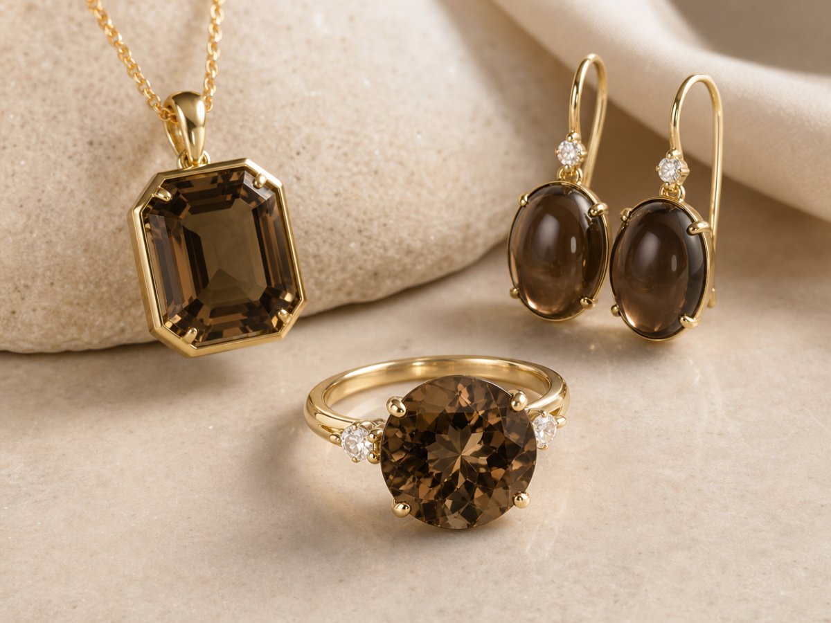 Gemas de cuarzo ahumado mostradas en joyería