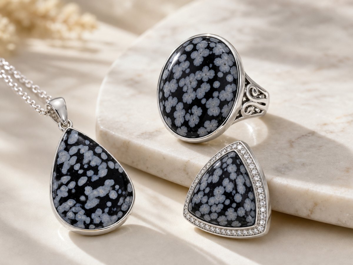 Gemas de obsidiana copo de nieve mostradas en joyería