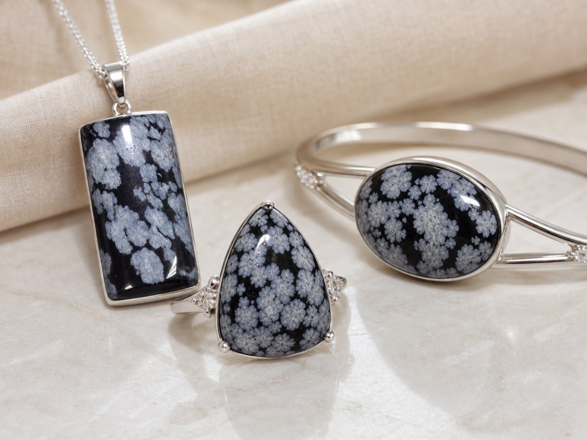 Gemas de obsidiana copo de nieve mostradas en joyería