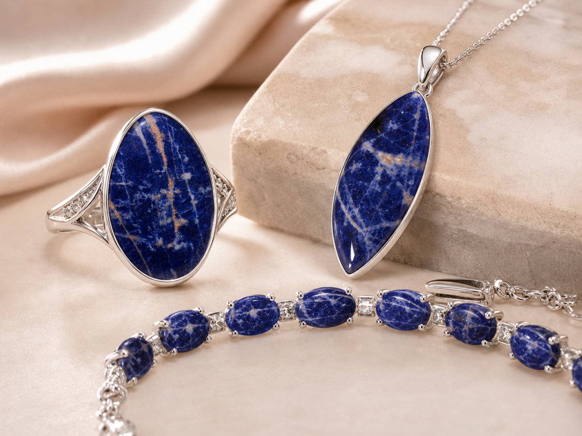 Gemas de sodalita mostradas en joyería