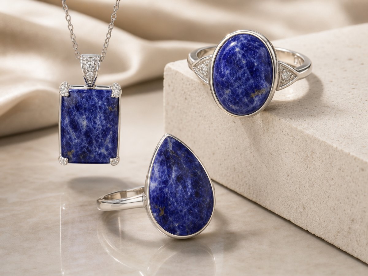 Gemas de sodalita mostradas en joyería