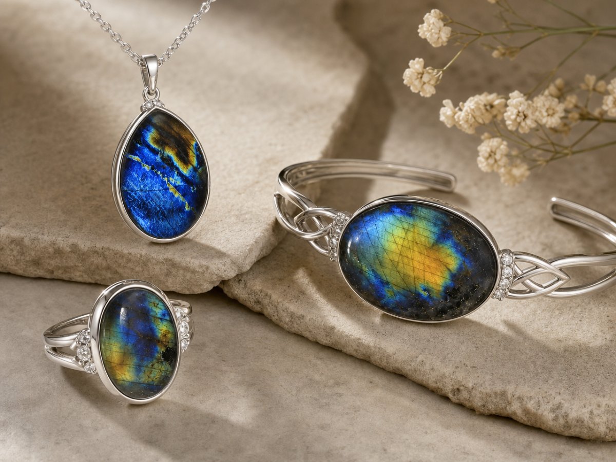 Gemas de espectrolita mostradas en joyería