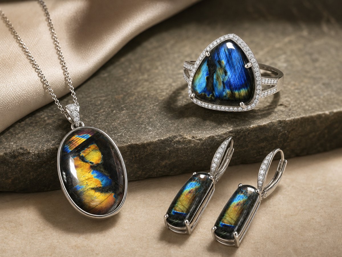 Gemas de espectrolita mostradas en joyería