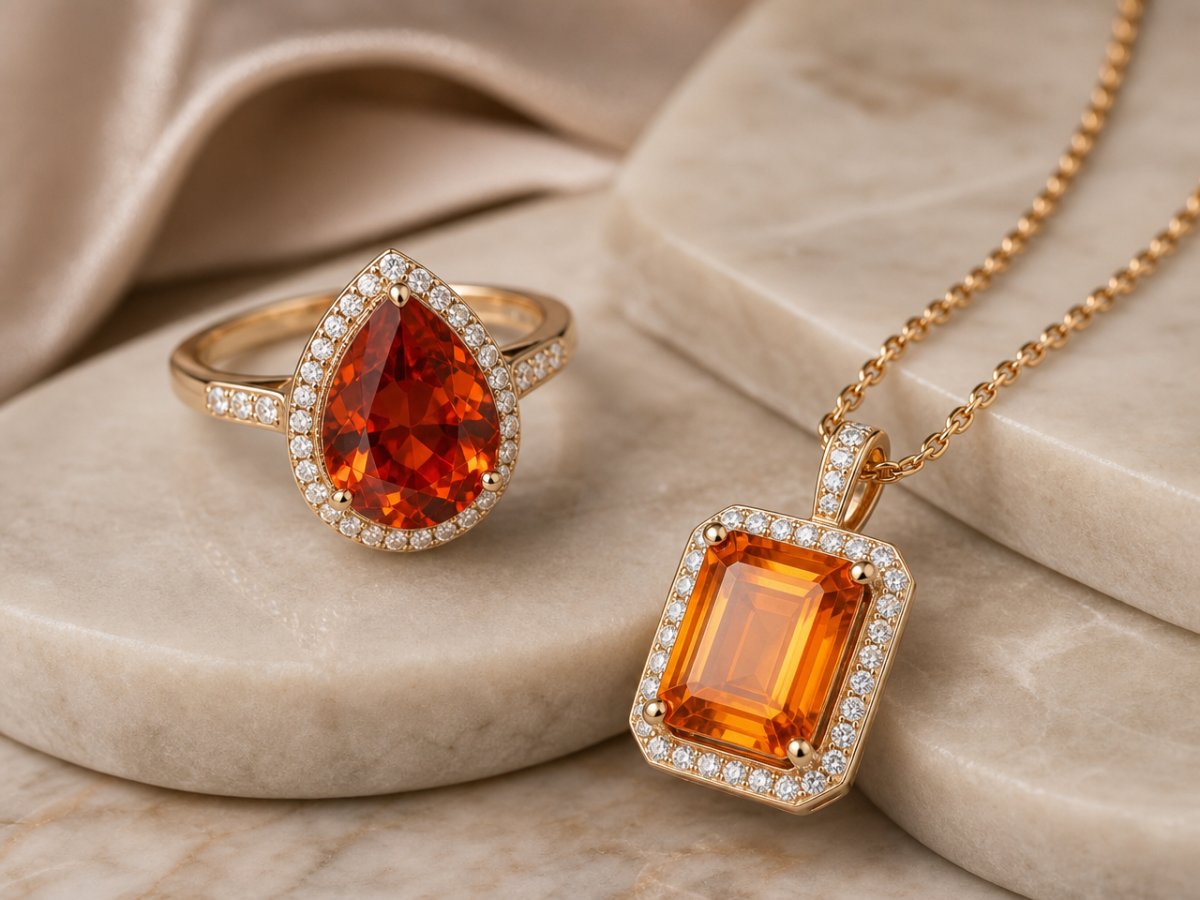 Gemas de granate espesartina mostradas en joyería