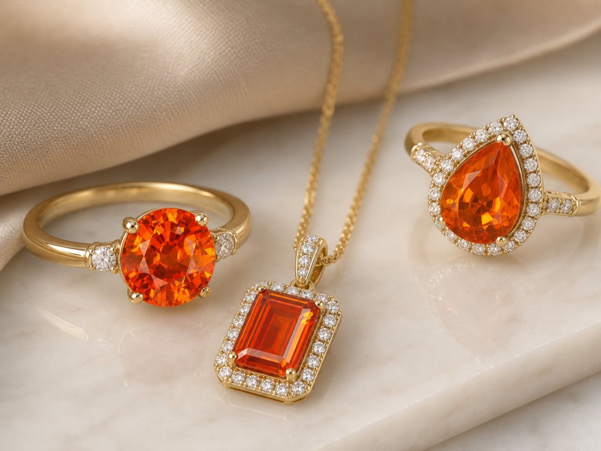 Gemas de granate espesartina mostradas en joyería
