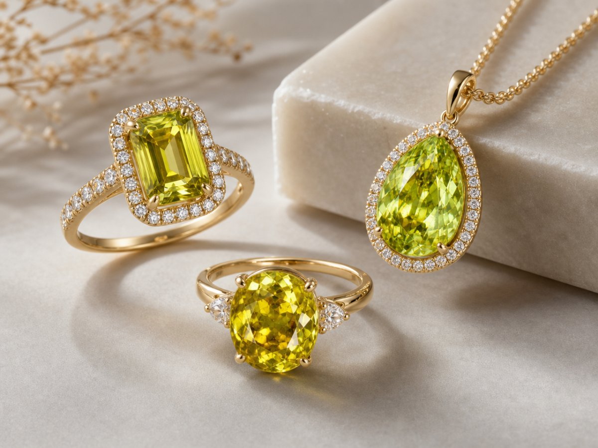 Gemas de esfena mostradas en joyería