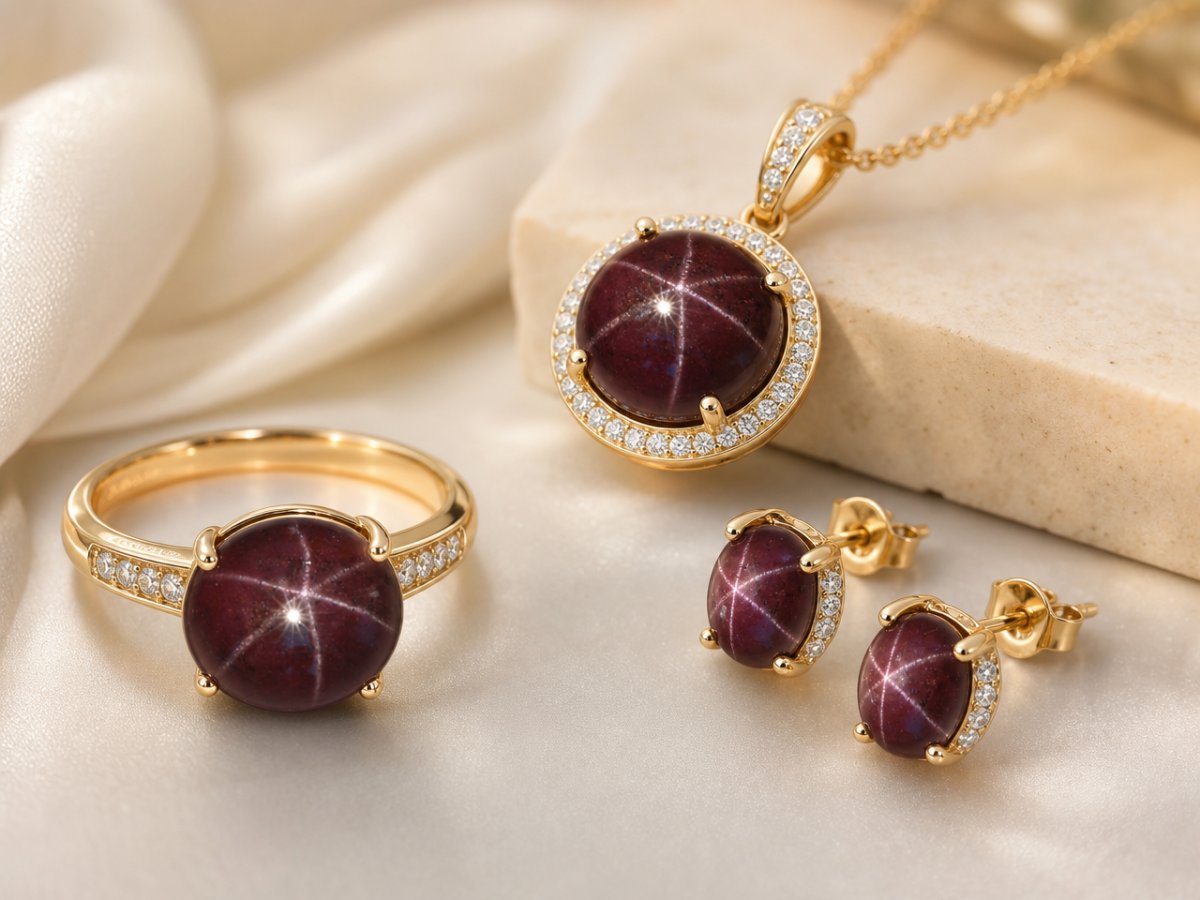 Gemas de granate estrella mostradas en joyería