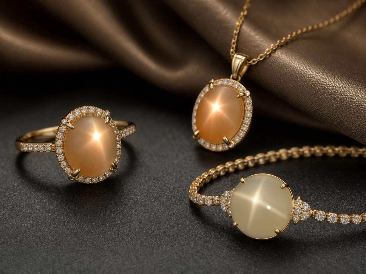 Gemas de piedra lunar estrella mostradas en joyería