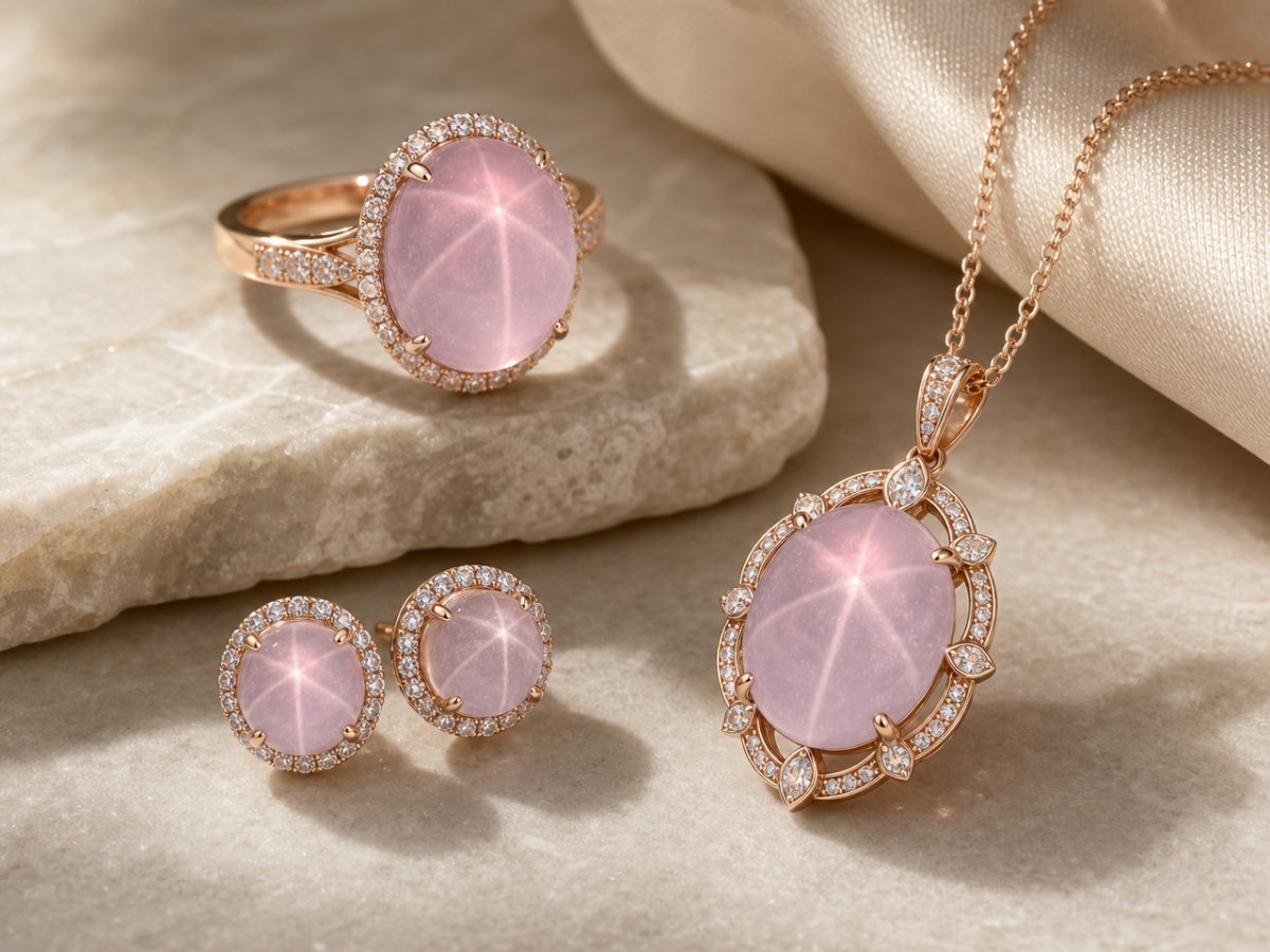 Gemas de cuarzo rosa estrella mostradas en joyería