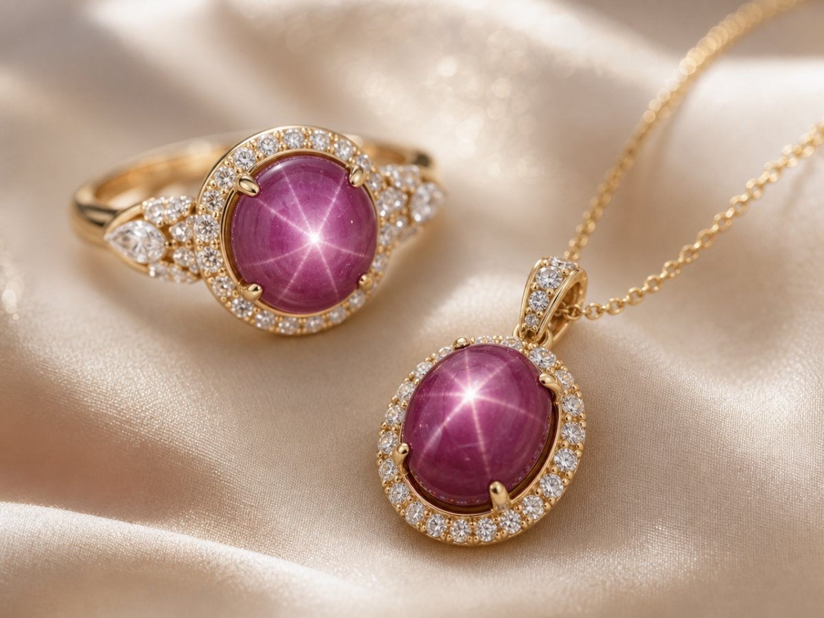 Gemas de rubí estrella mostradas en joyería