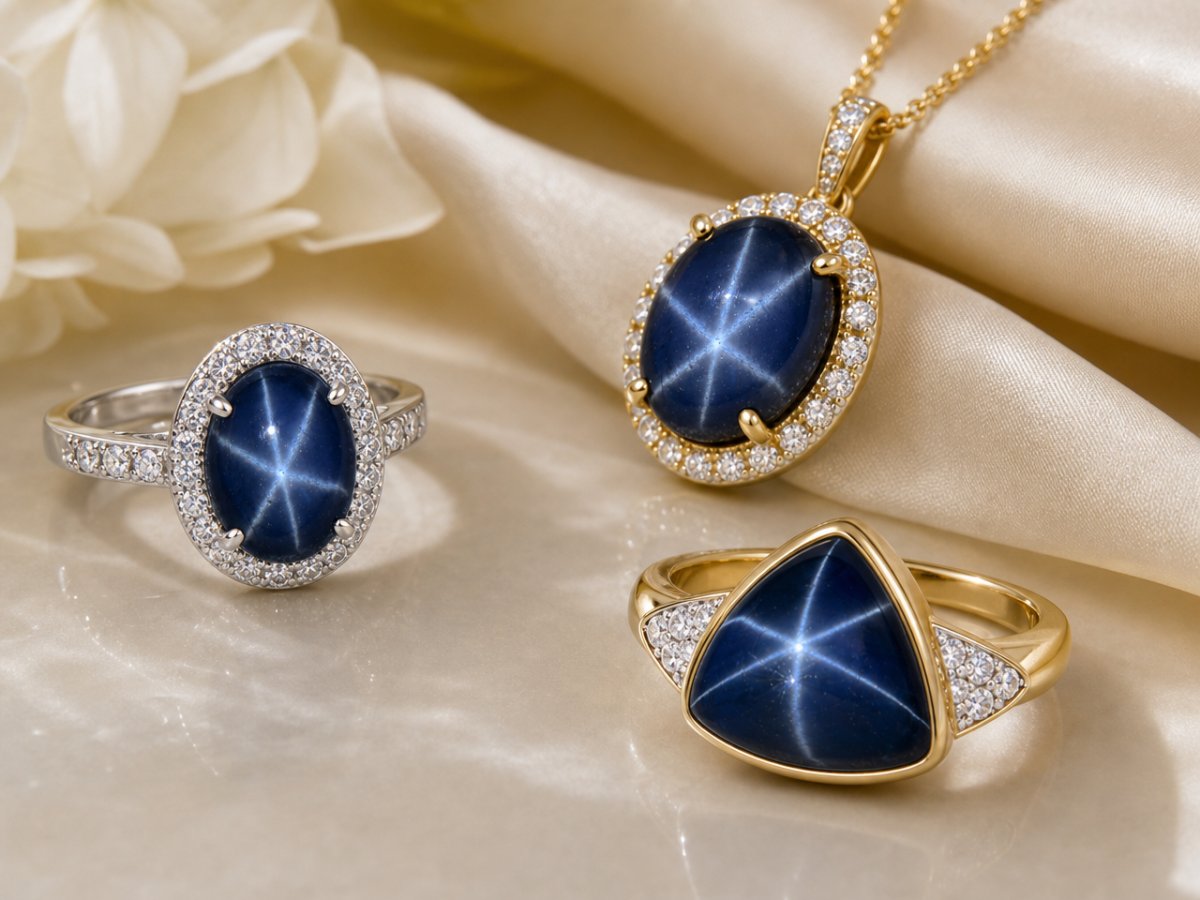 Gemas de zafiro estrella mostradas en joyería