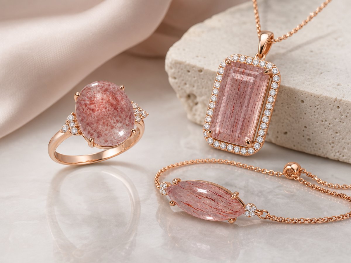 Gemas de cuarzo fresa mostradas en joyería