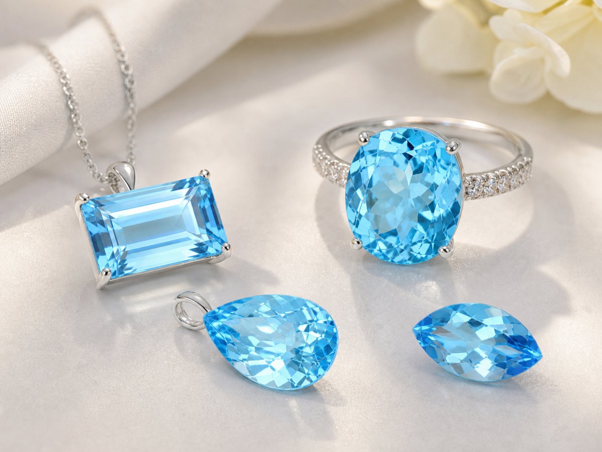 Gemas de topacio azul suizo mostradas en joyería