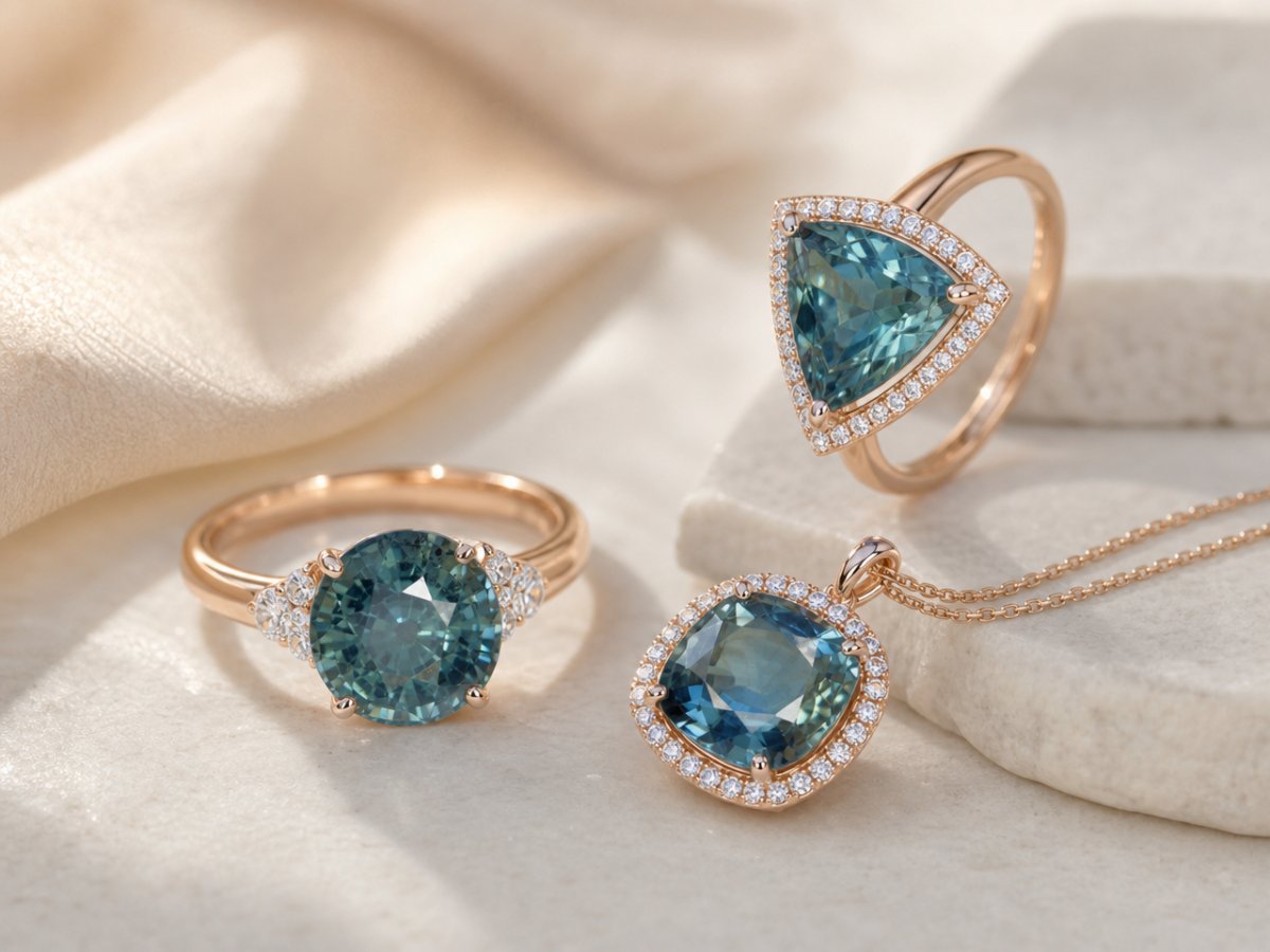 Gemas de zafiro verde azulado mostradas en joyería