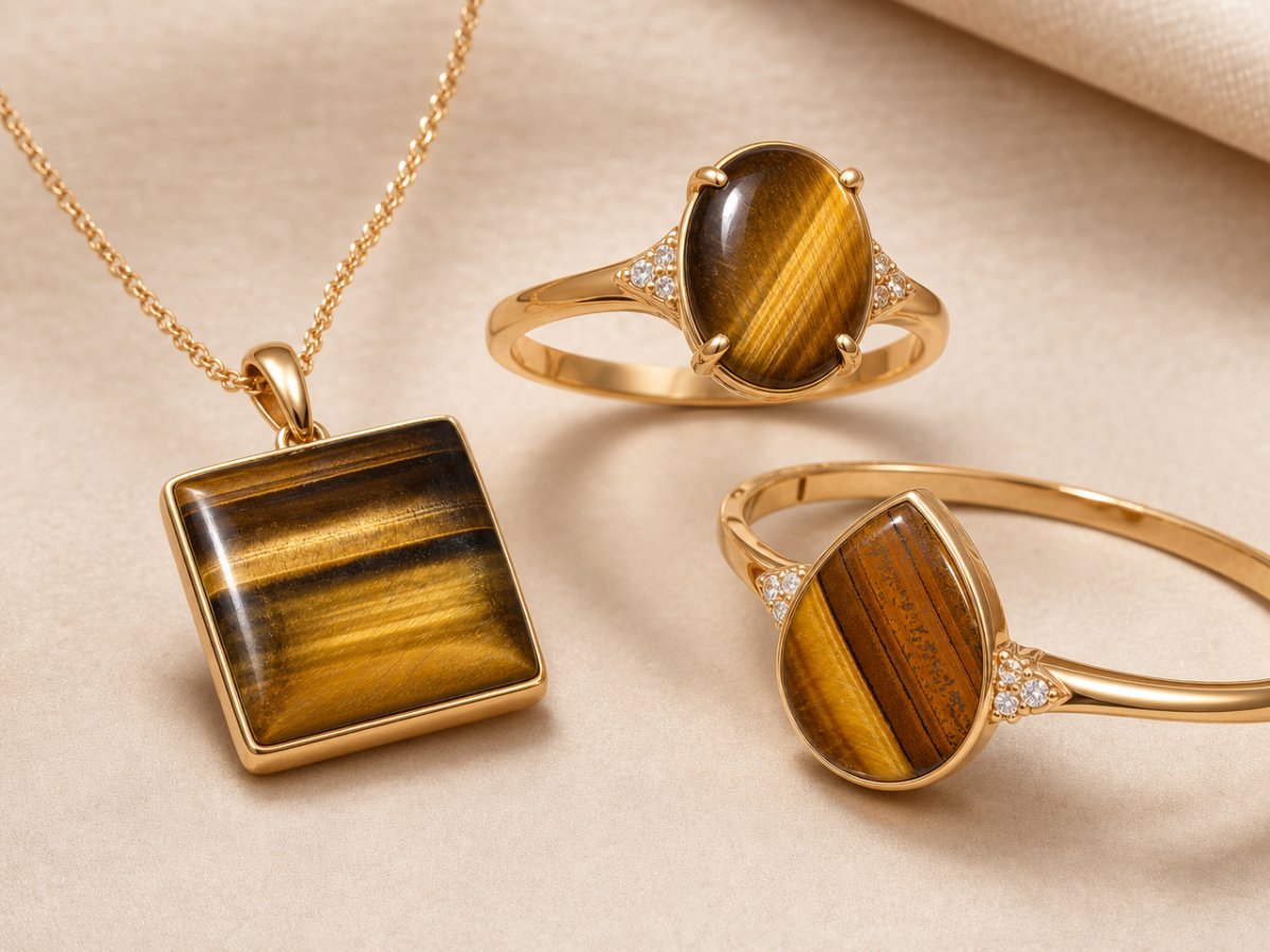 Gemas ojo de tigre mostradas en joyería