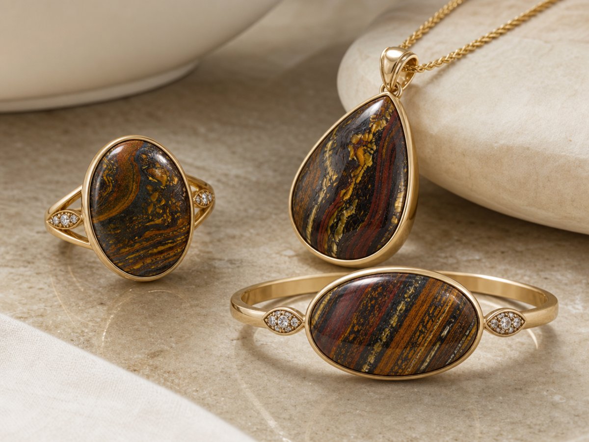 Gemas de matriz de ojo de tigre mostradas en joyería