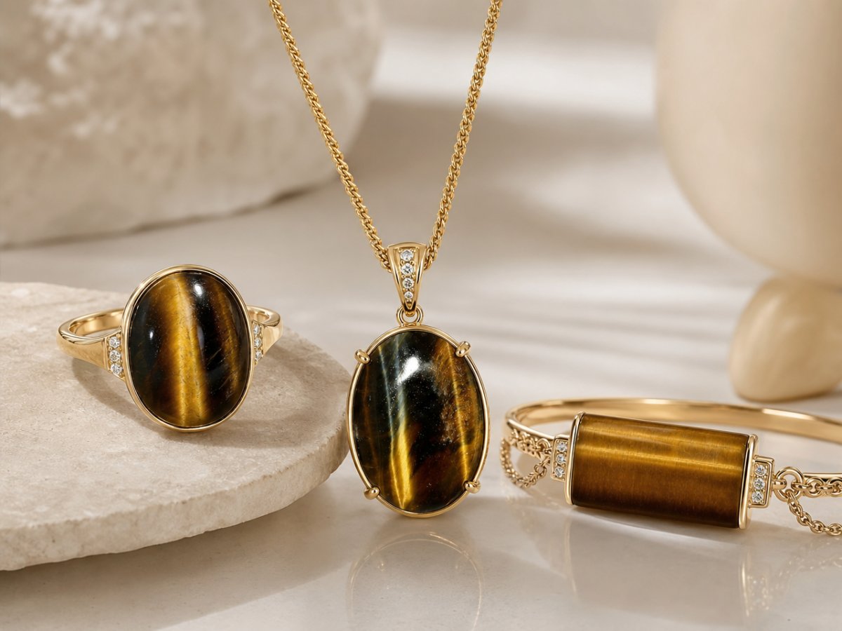 Gemas ojo de tigre mostradas en joyería