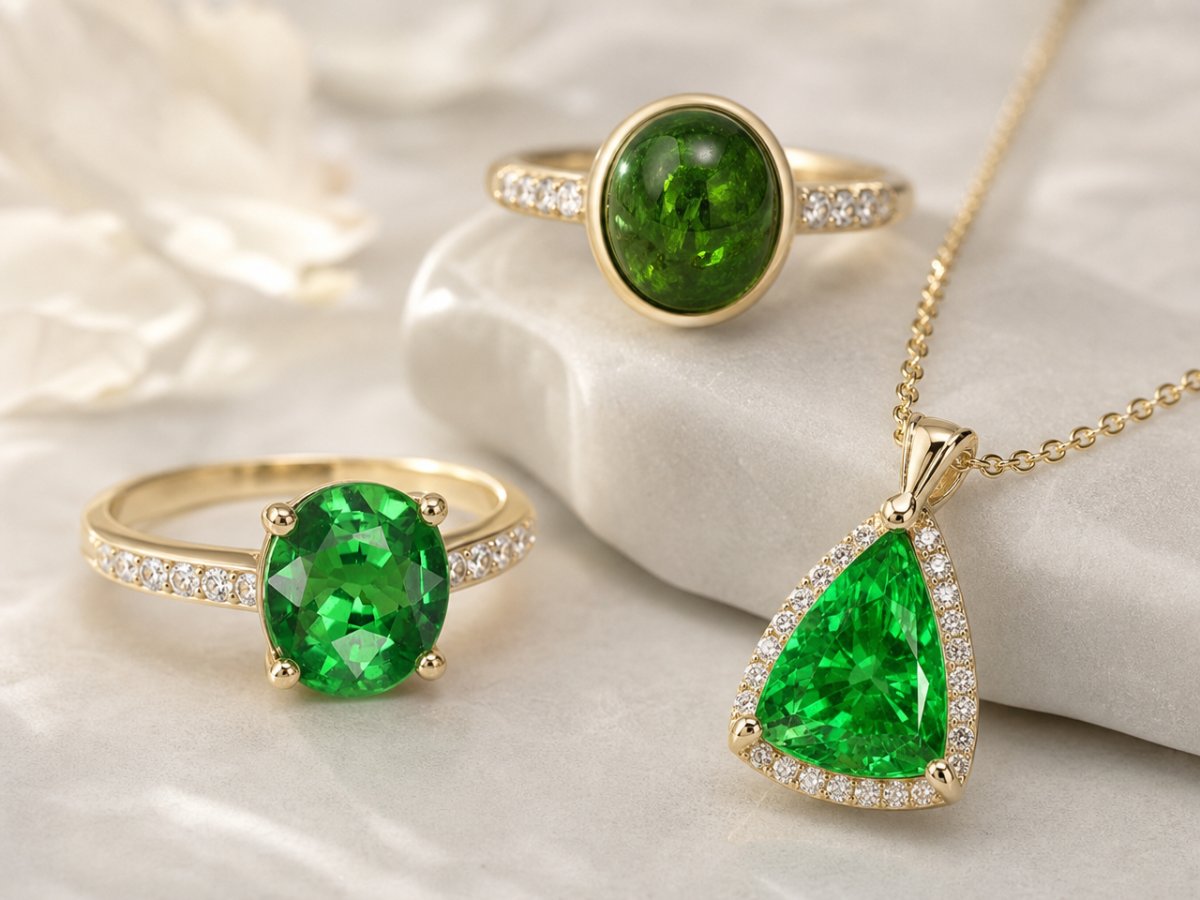 Gemas de granate tsavorita mostradas en joyería