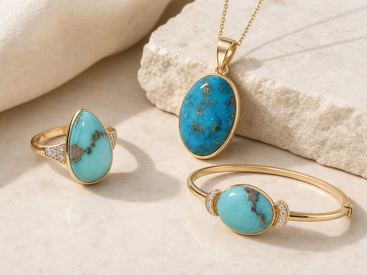 Gemas de turquesa mostradas en joyería