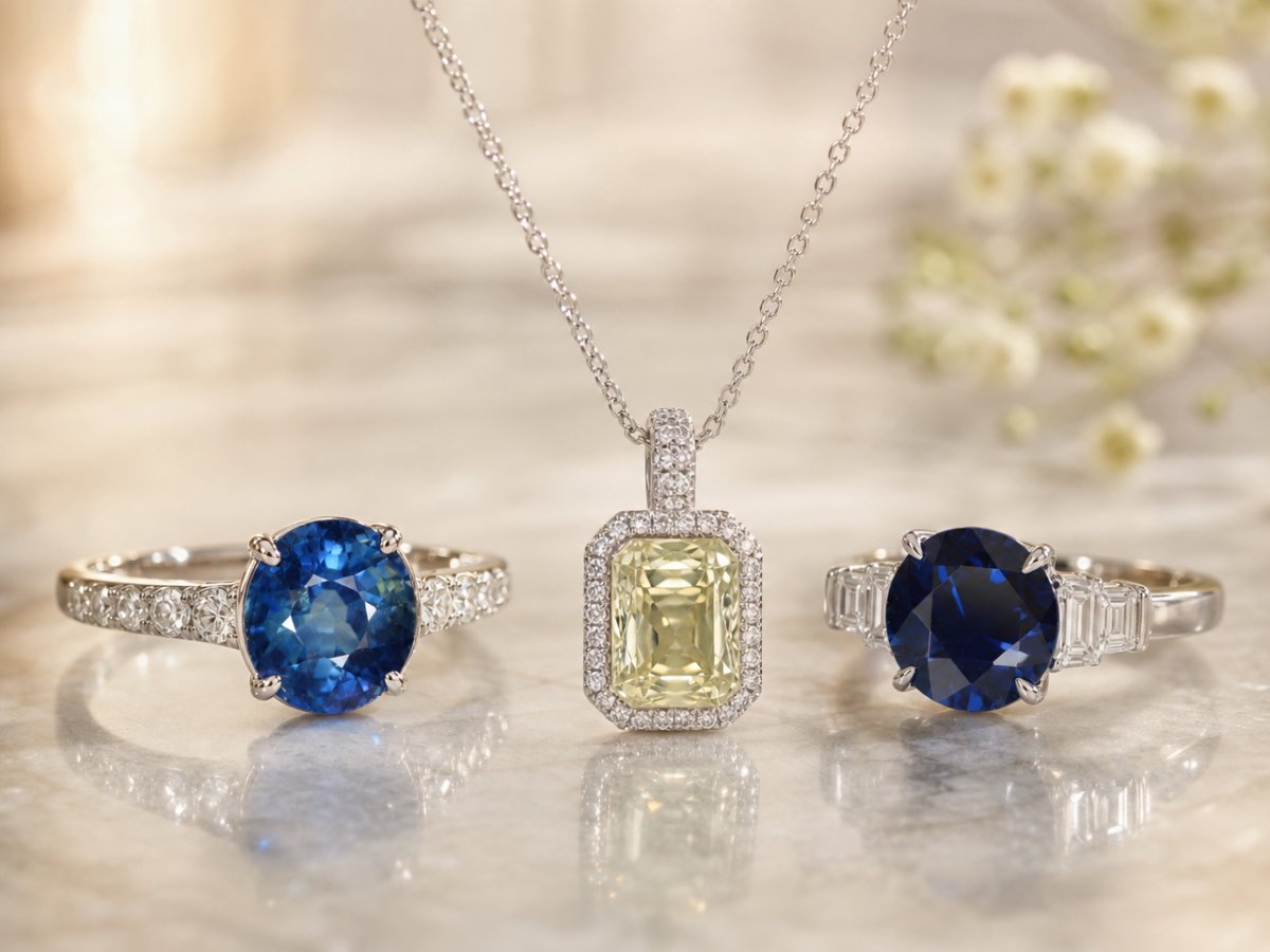 Gemas de zafiro sin tratamiento térmico mostradas en joyería