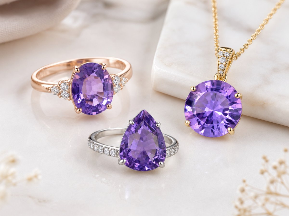 Gemas de zafiro violeta mostradas en joyería