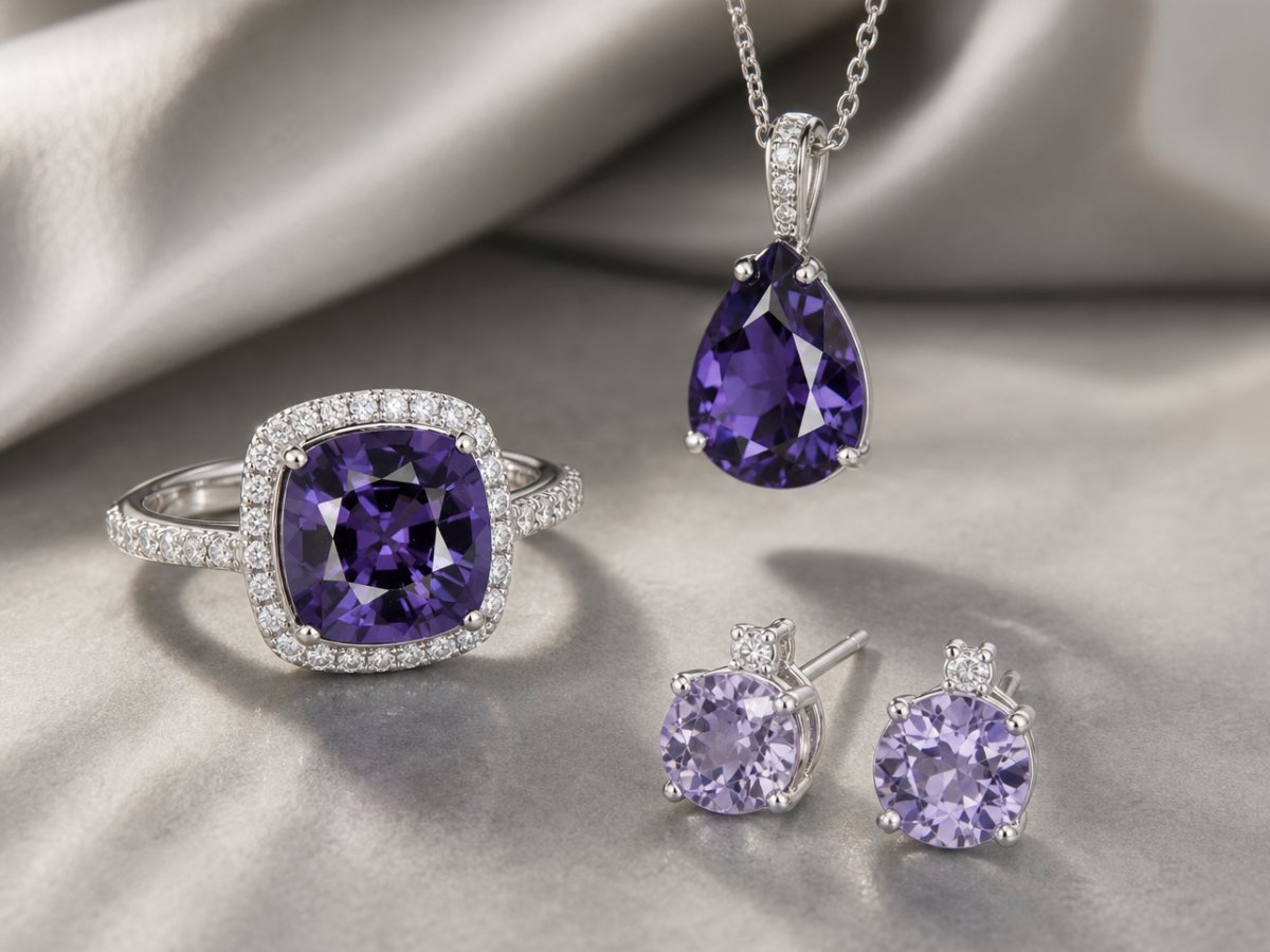 Gemas de espinela violeta mostradas en joyería